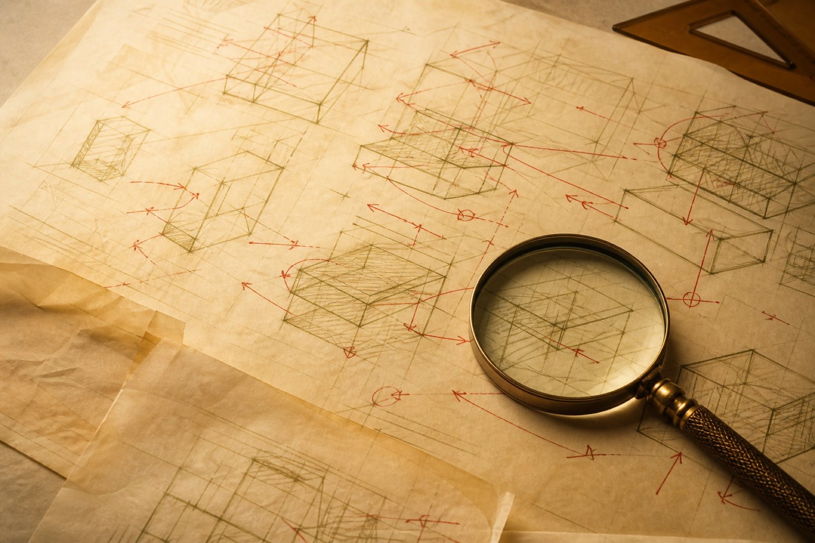 Marked-up architecture drawings with redline notes on a draughting table.
