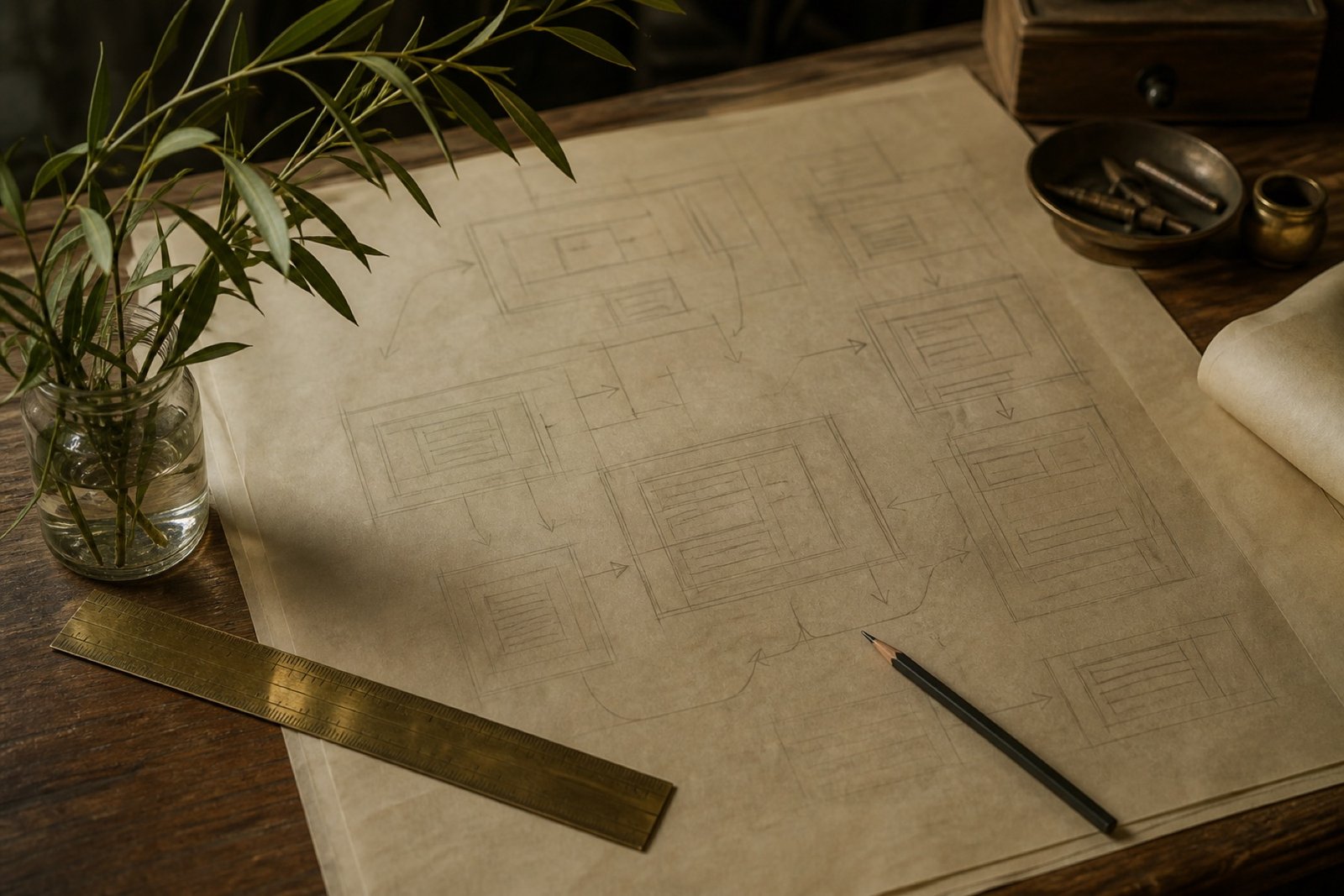 Overhead view of a draughting table with tracing paper, willow cuttings, and schematic sketches.